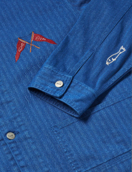 Foret Sports Camp overshirt blue sleeve embroidery detail organic cotton workwear