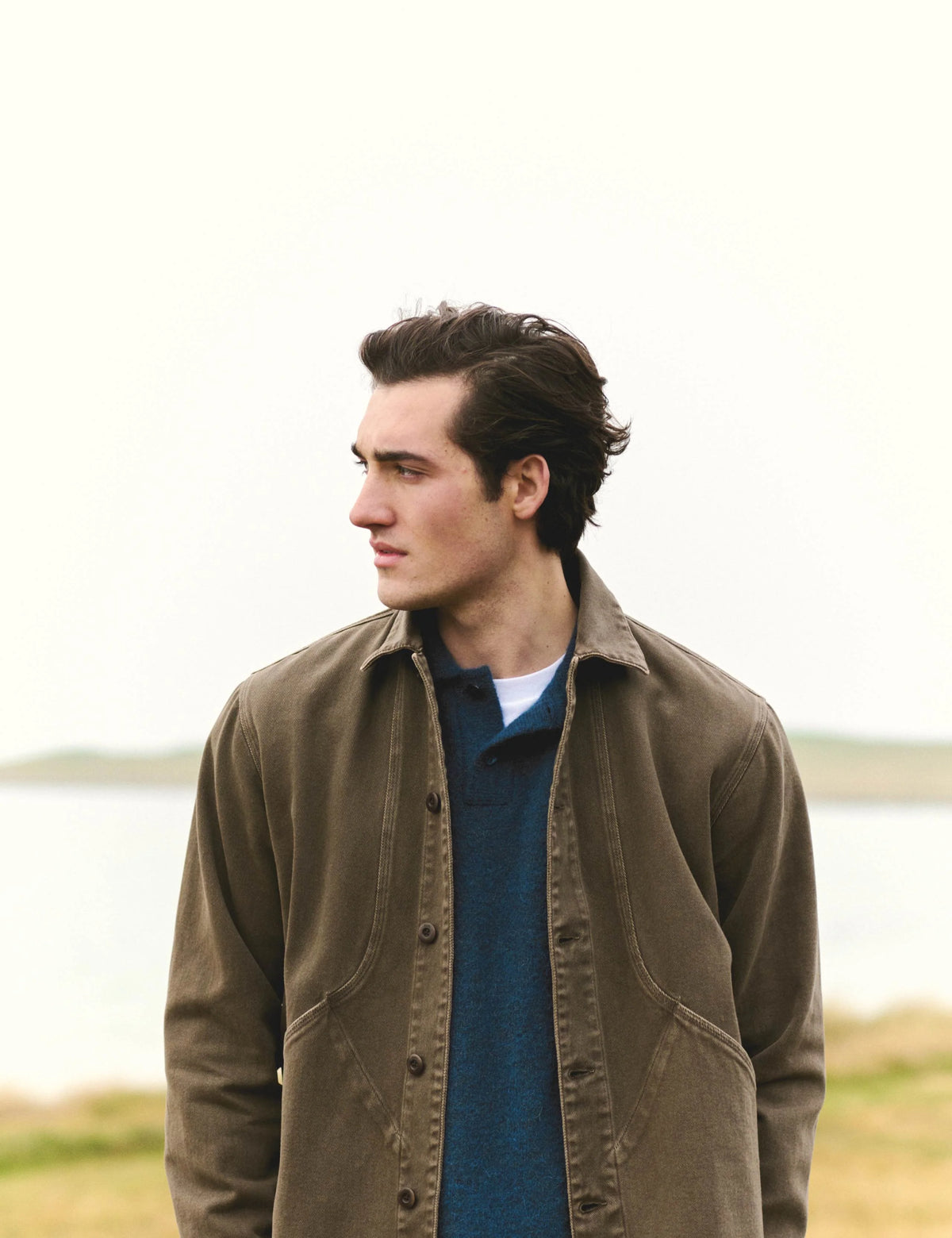 Foret Berry Denim Overshirt in Brown Denim worn