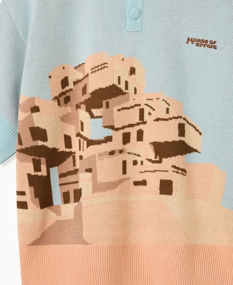 House Of Errors The Apartments Knitted Polo Blue knit graphic detail