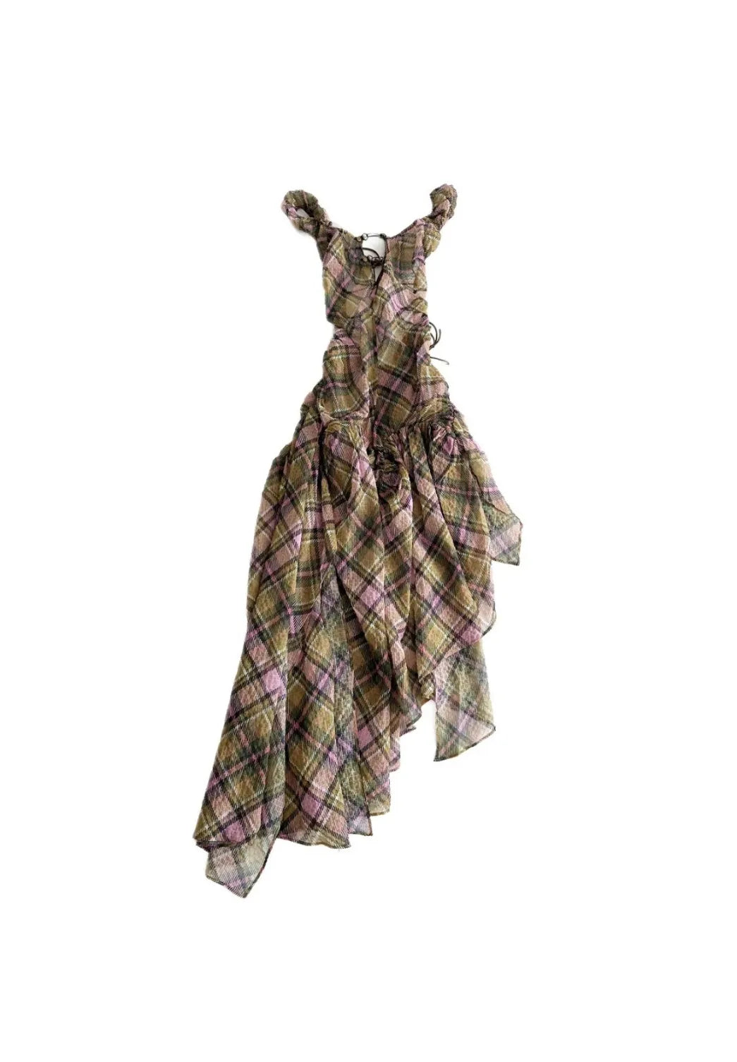 Taottao Plaid Puff Chiffon Asymmetrical Dress Smooky Plaid front view