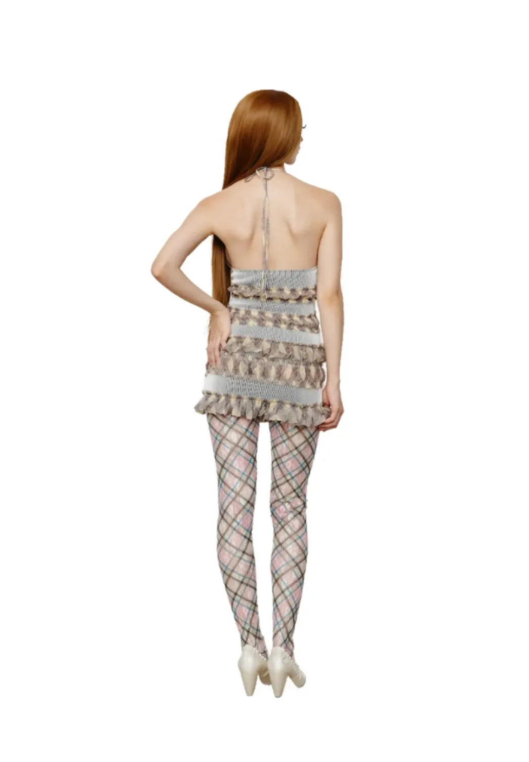 Back view of Taottao Stripe Rib Chiffon Halter Top in Porcelain worn