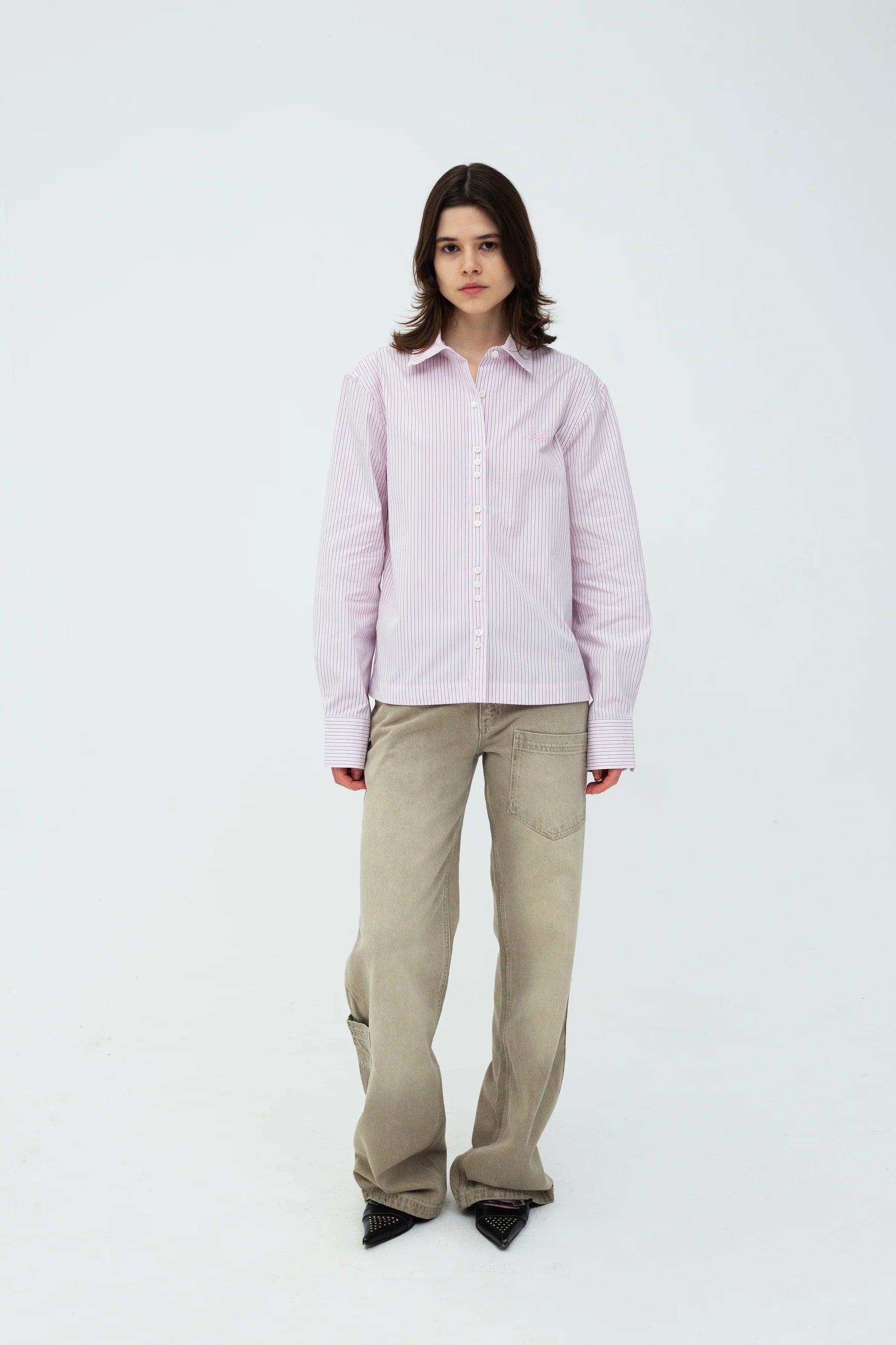 Alexandra Shirt Light Pink by Kernemilk oversized striped shirt worn by model front styling