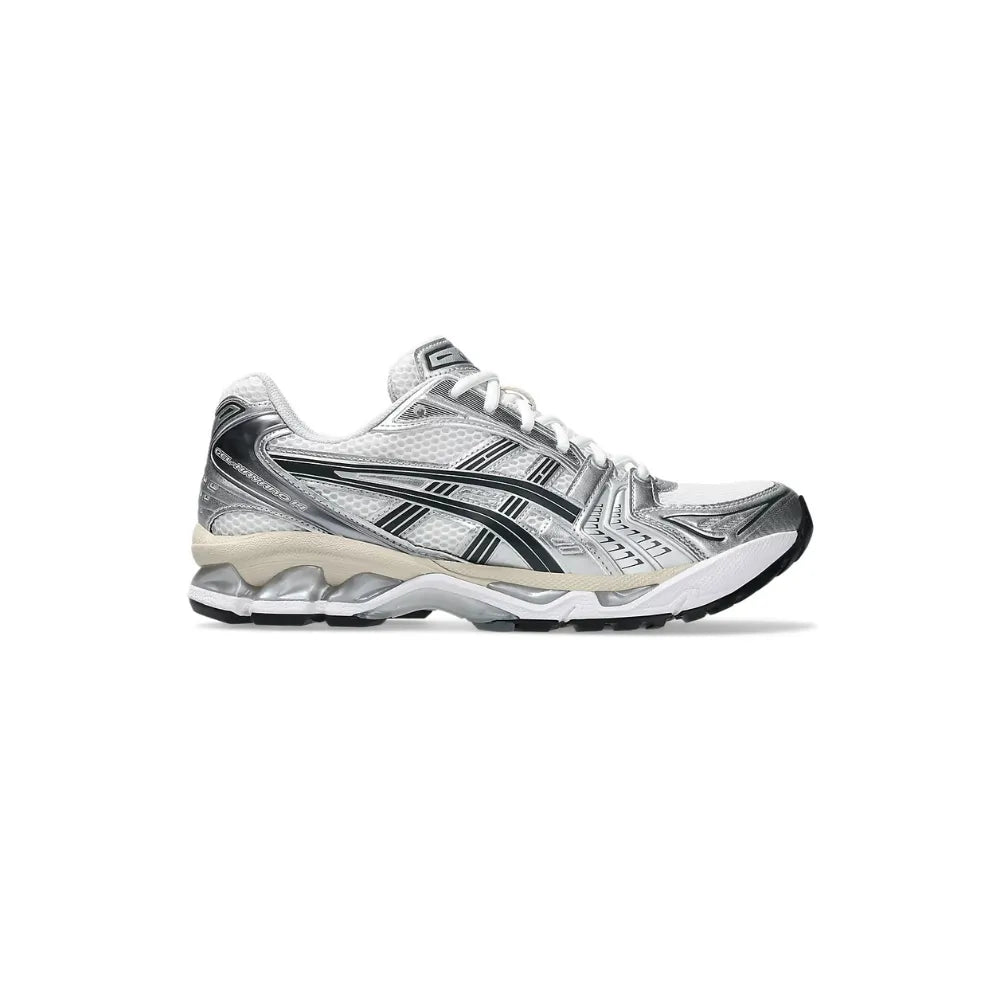 Lateral side view of ASICS GEL-KAYANO 14 in White Graphite Grey