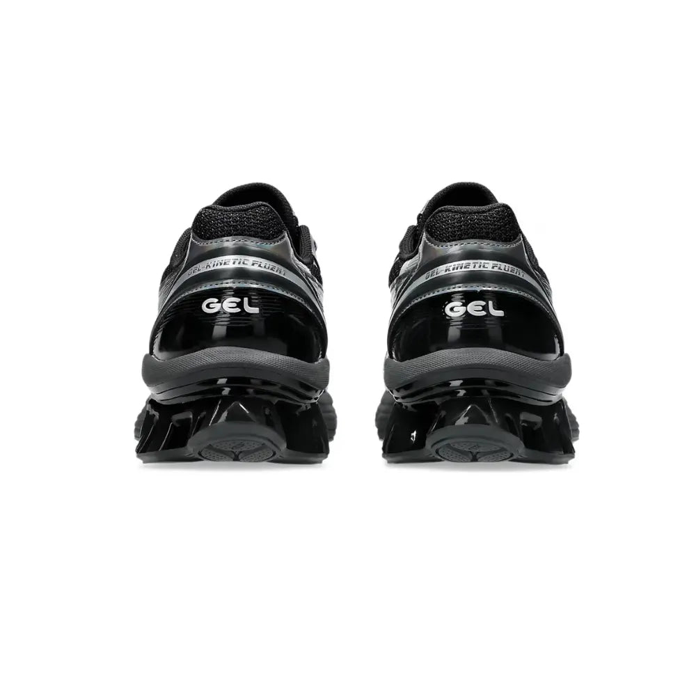 Back view of ASICS GEL-KINETIC FLUENT in Black / Graphite Grey