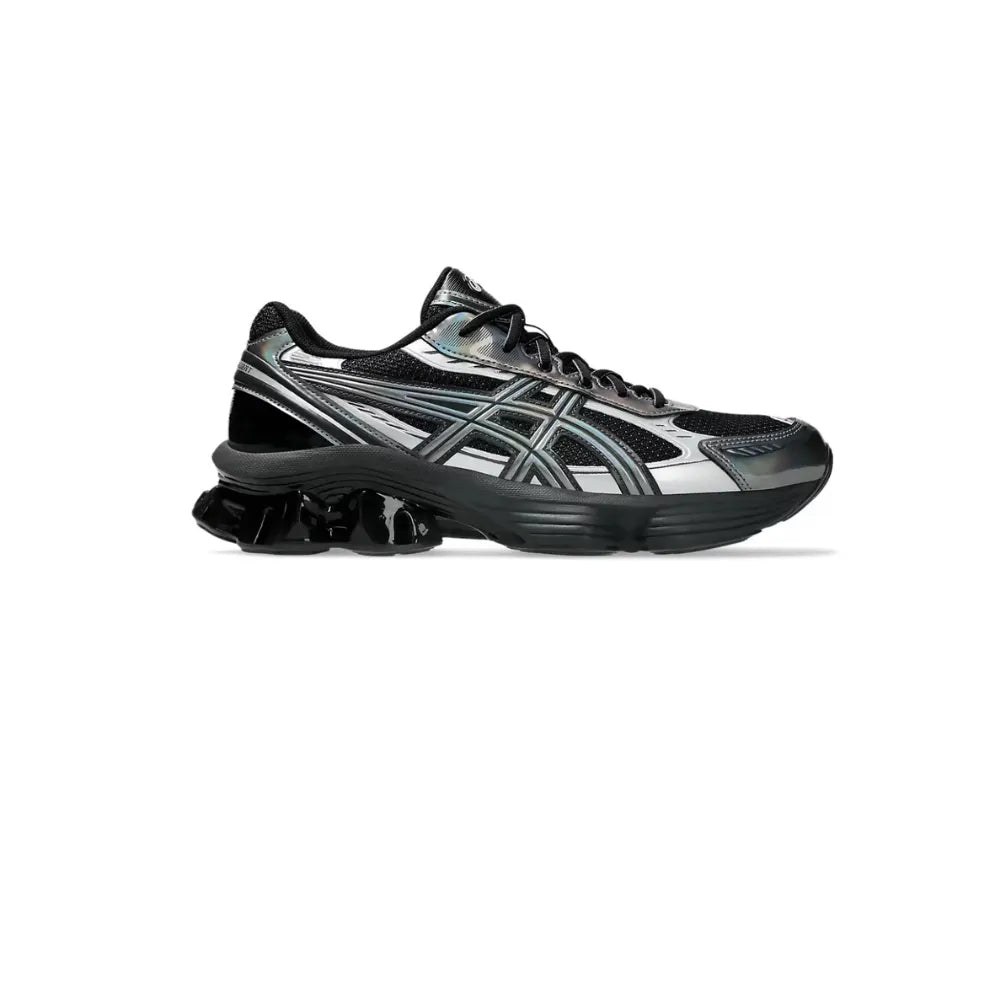 Side view of ASICS GEL-KINETIC FLUENT in Black / Graphite Grey