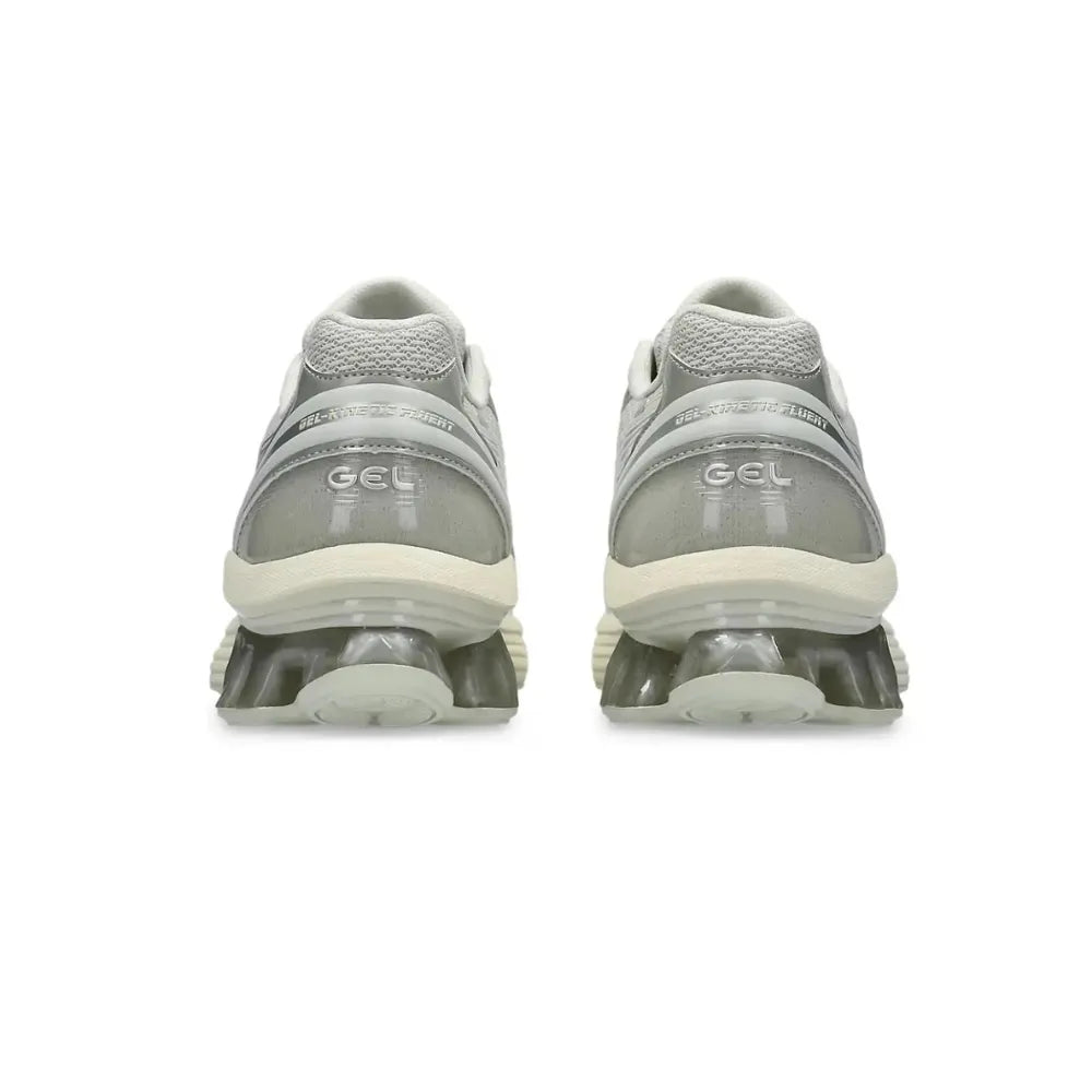 Heel view of ASICS GEL-KINETIC FLUENT in Lake Grey / Beeswax