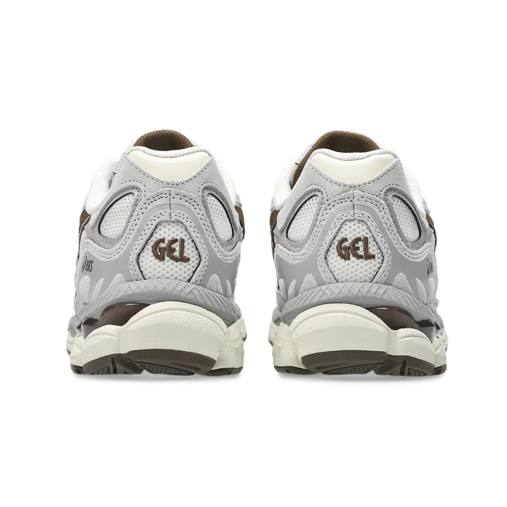 Rear heel view of ASICS GEL-NYC in Cream and Cement Grey