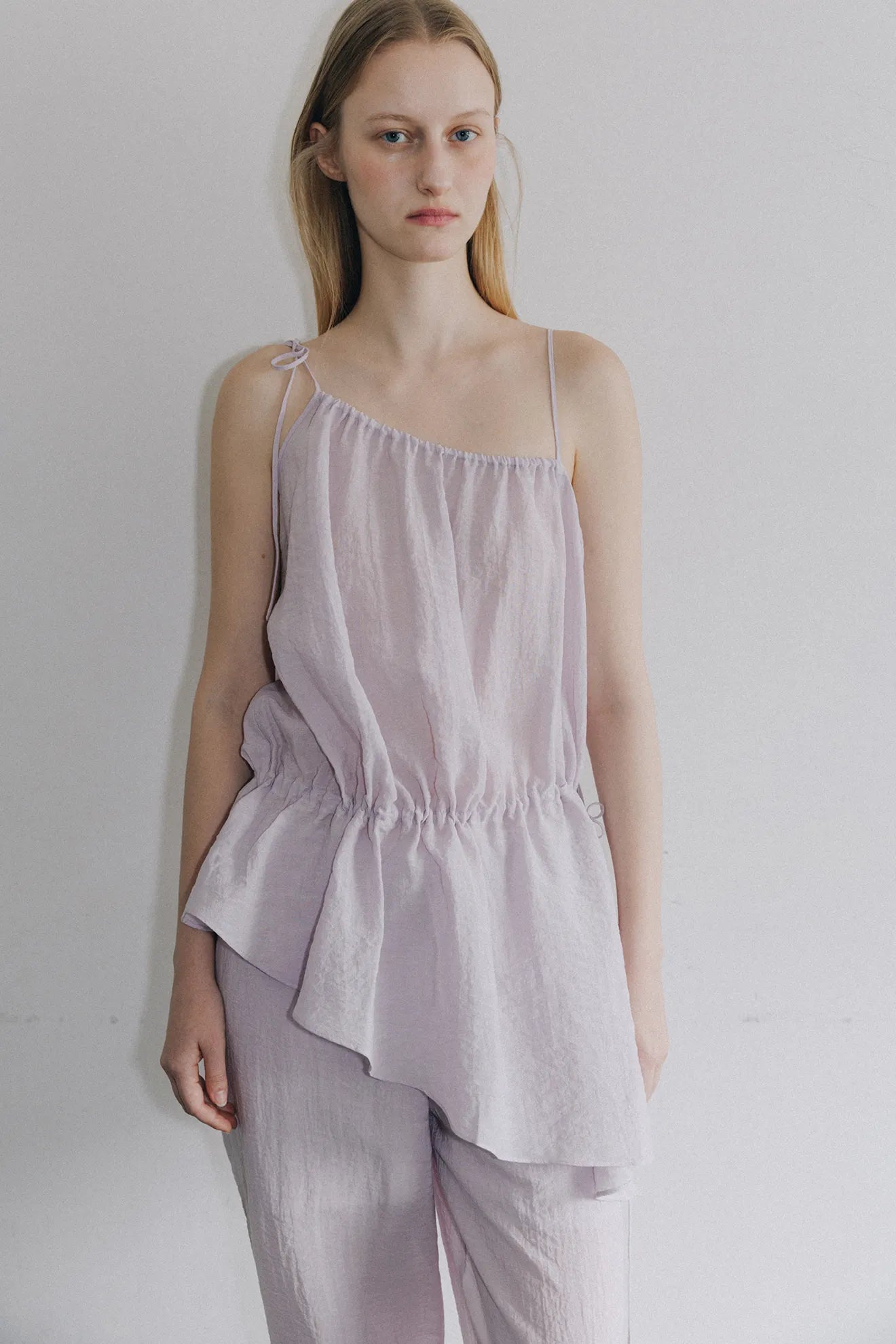 Front detail of Asymmetrical Waist-Tie Dress in Purple