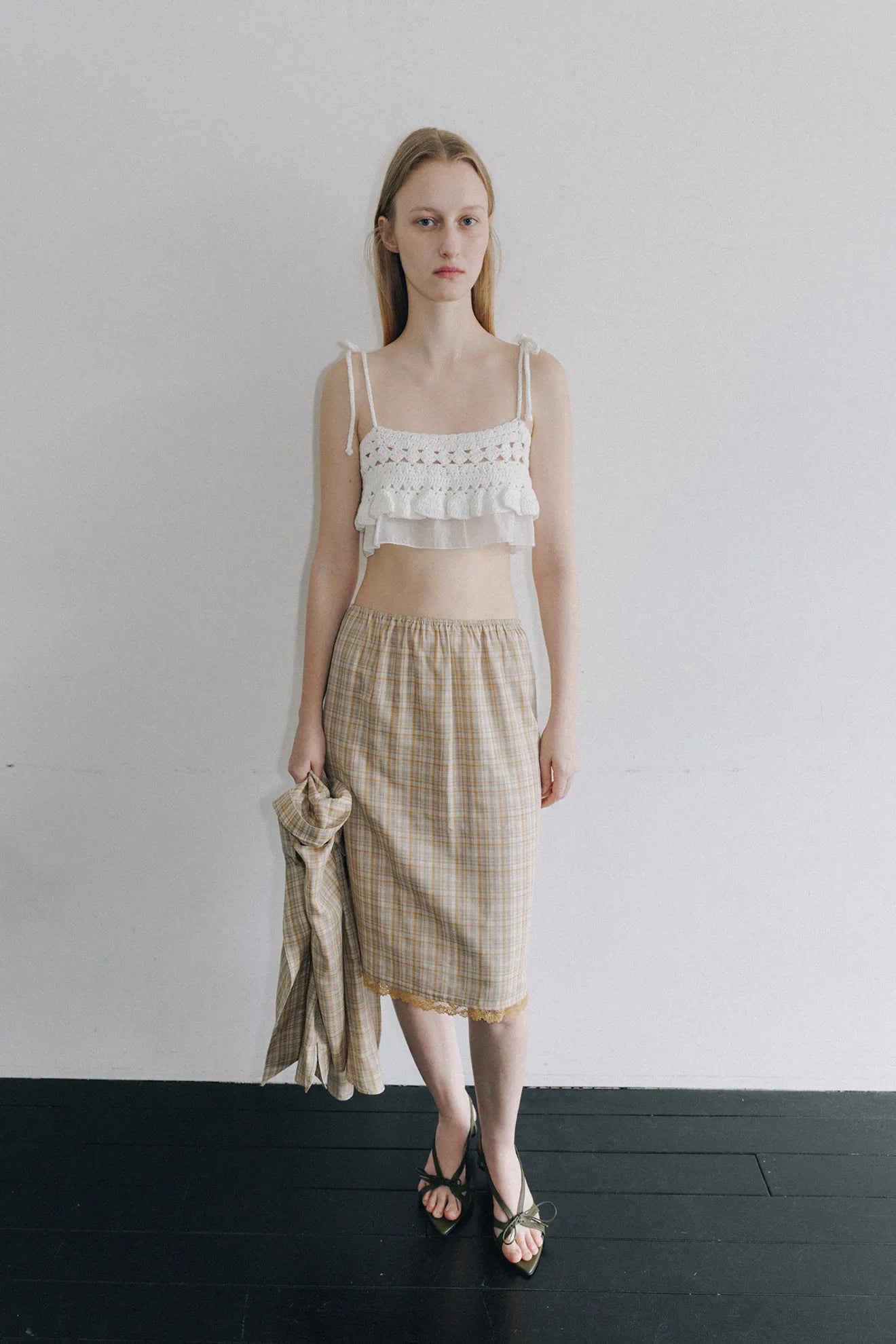 Model wearing Atelier Edition Hand-Knitted Frill Bustier Ivory