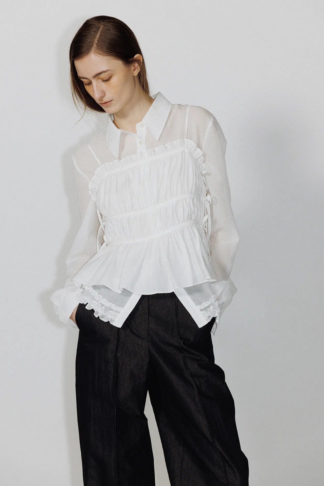 Model wearing Atelier Edition Shirring String Pleated Top White