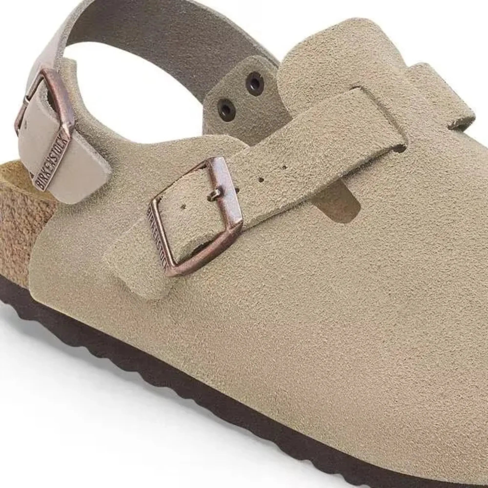 Birkenstock Tokio Taupe suede buckle detail