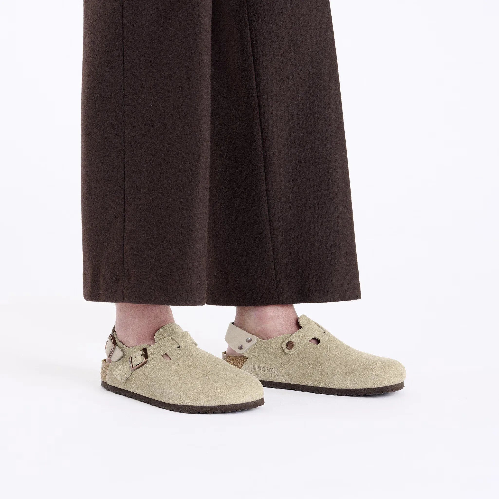 Birkenstock Tokio Taupe suede clogs on foot