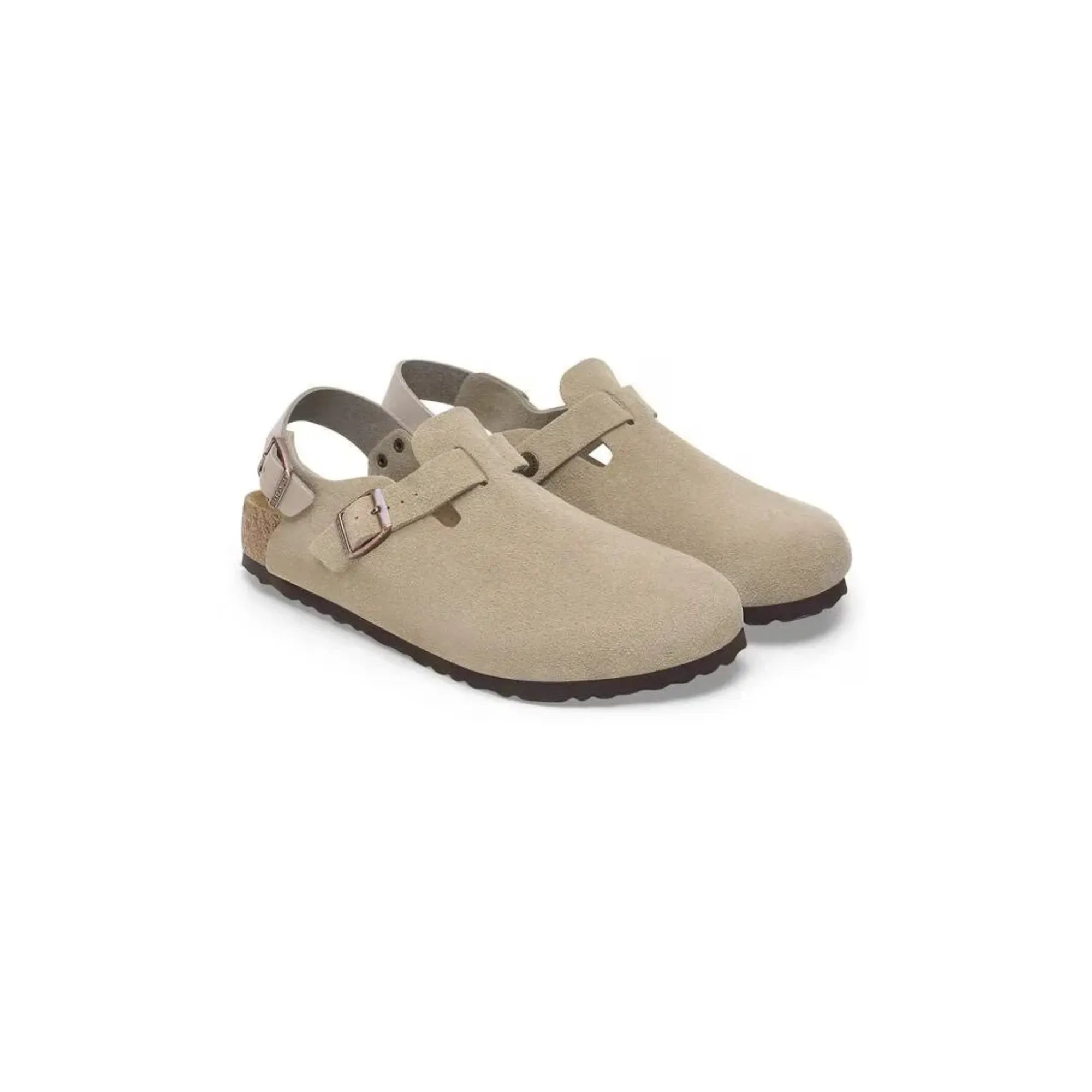 contentReference[oaicite:2]{index=2} Taupe suede clogs with back strap