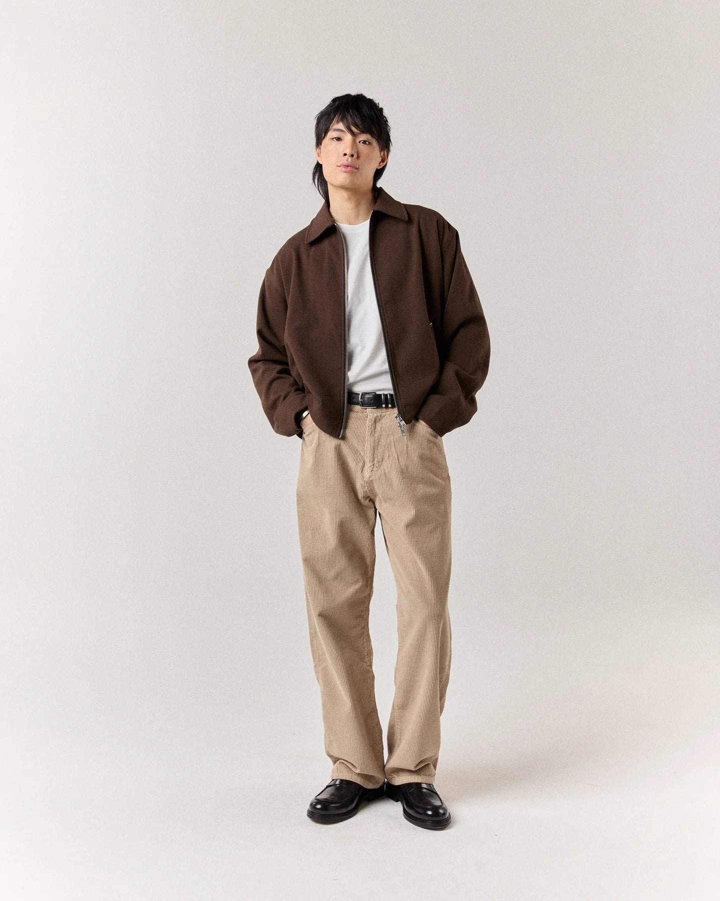 Brown corduroy jeans full body styling view