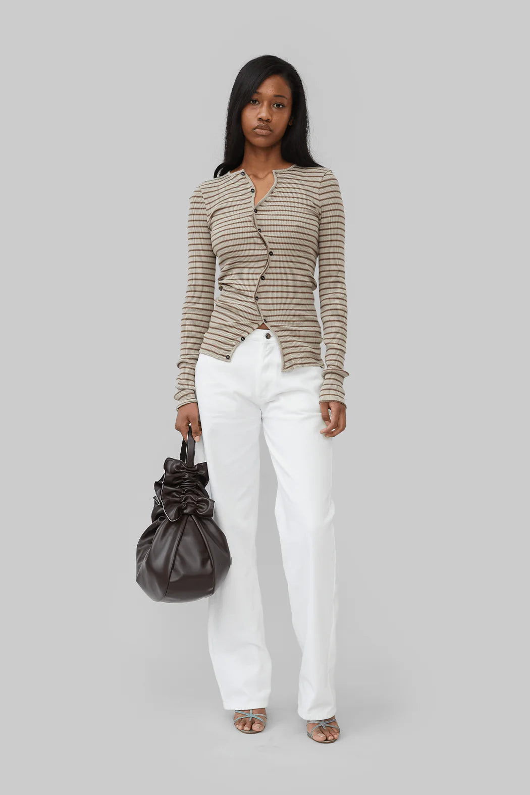 Full outfit featuring Djerf Avenue Claire Seamless Cardigan Stripes
