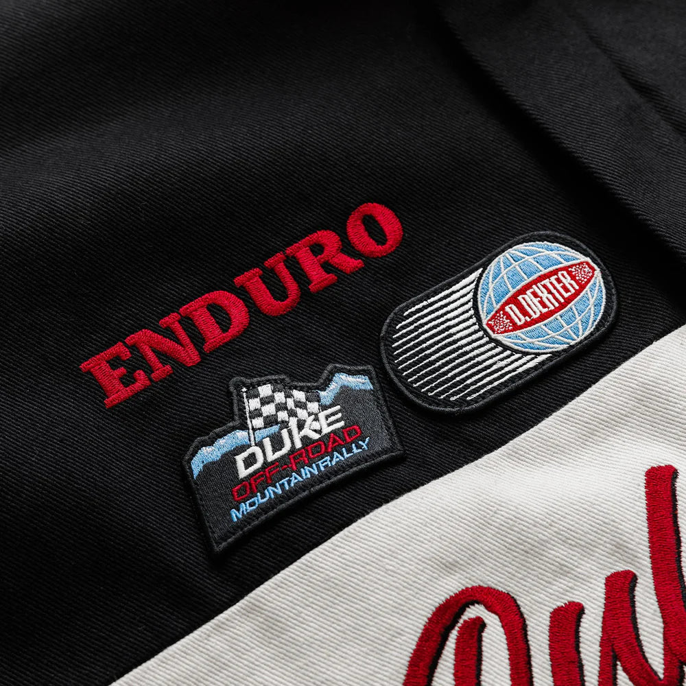 Embroidered detail of Duke + Dexter DR1 World Championship Vintage Black Jacket