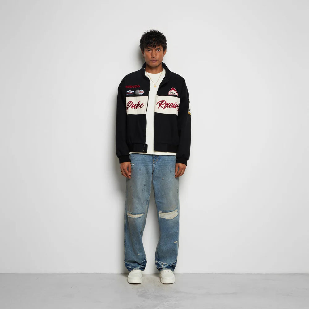 Model wearing Duke + Dexter DR1 World Championship Vintage Black Jacket