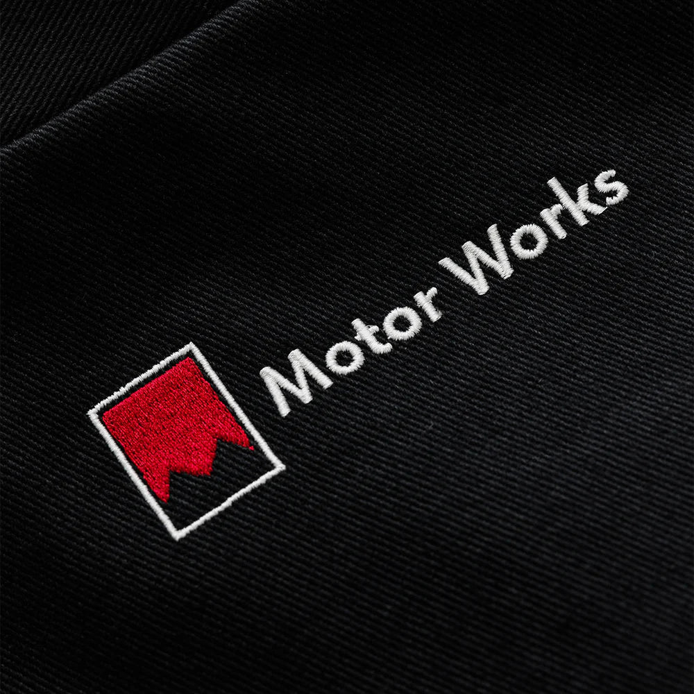 Motor Works logo detail on Duke + Dexter DR1 World Championship Vintage Black Jacket