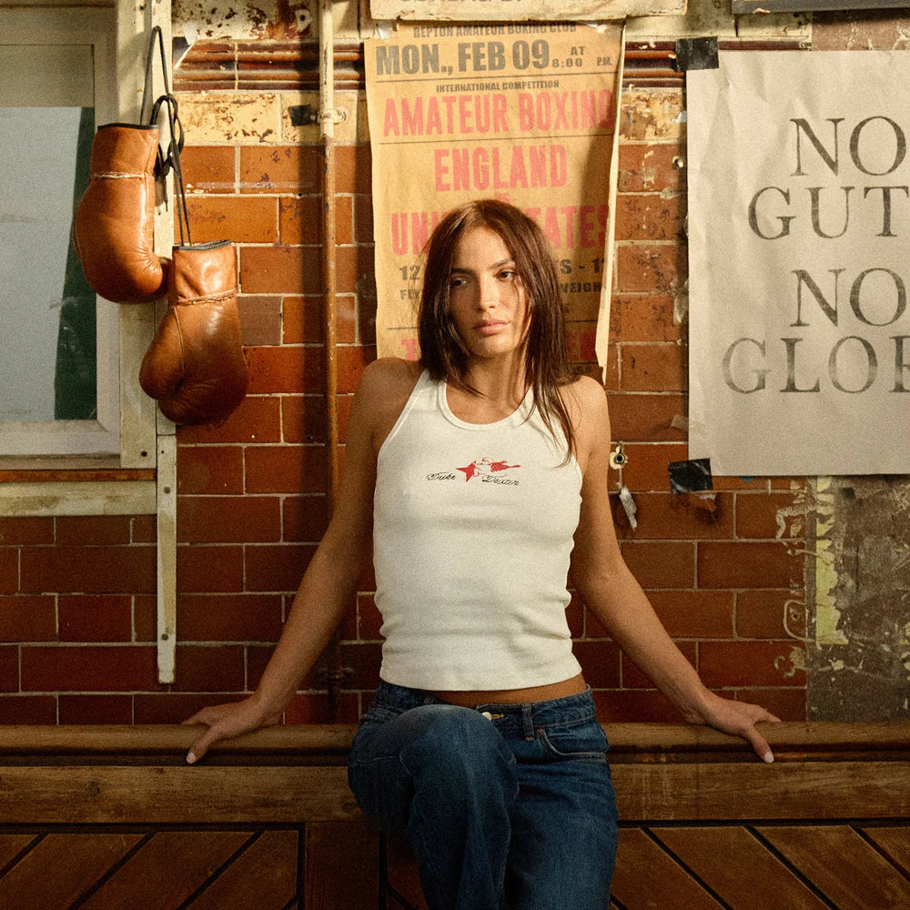 Model wearing Duke and Dexter Duke Cherub Vest Vintage White