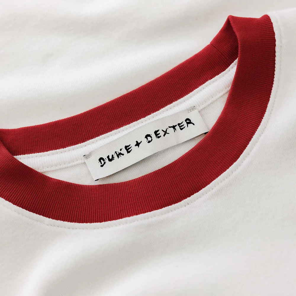 Duke and Dexter Plus Baby Tee Vintage White Red collar detail