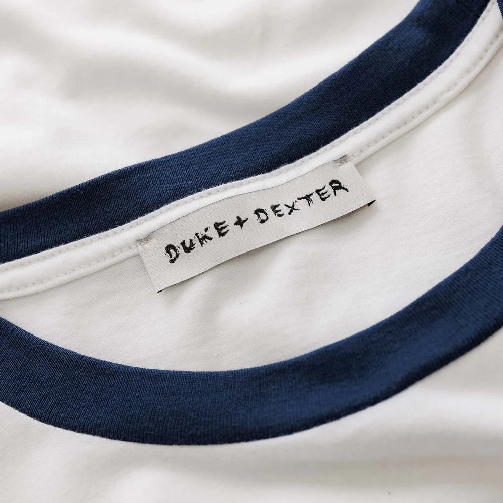 Duke and Dexter Plus Ringer T-Shirt Vintage White Navy collar detail