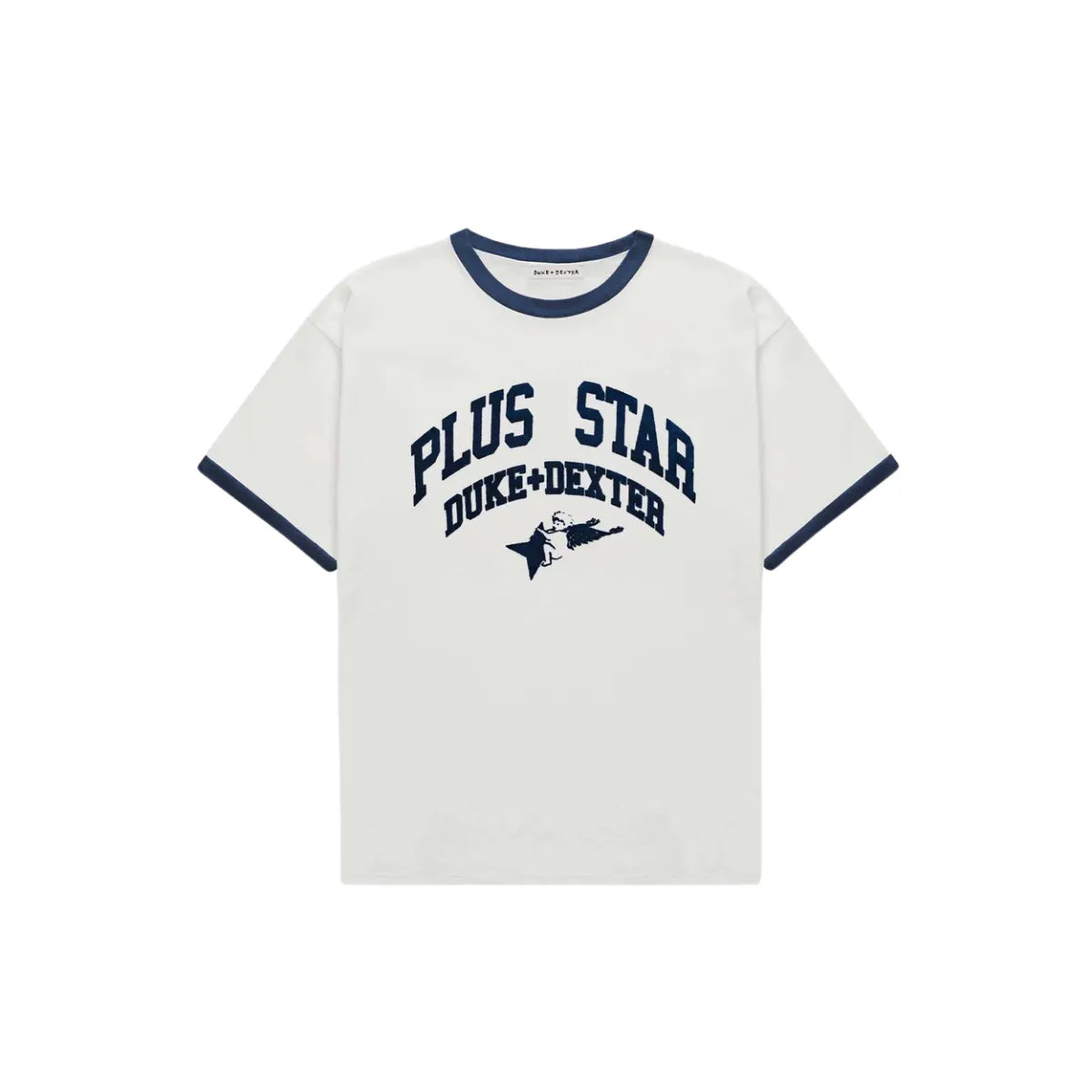 Duke and Dexter Plus Ringer T-Shirt Vintage White Navy front view