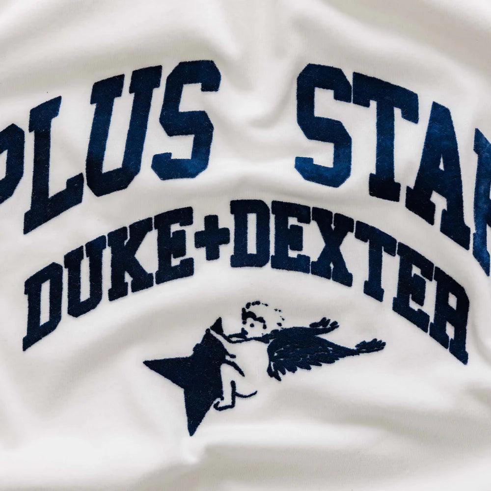 Duke and Dexter Plus Ringer T-Shirt Vintage White Navy graphic logo detail