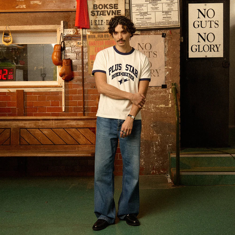 Model wearing Duke and Dexter Plus Ringer T-Shirt Vintage White Navy