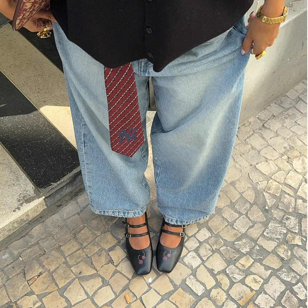 Model wearing Duke and Dexter Ruby Cherry Mary Jane shoes