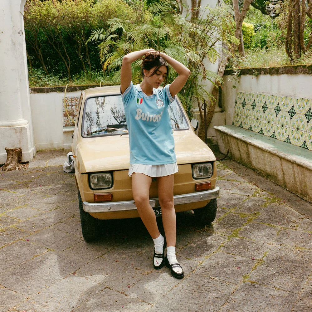 Model wearing Duke and Dexter Wilde Cherry Penny Loafer