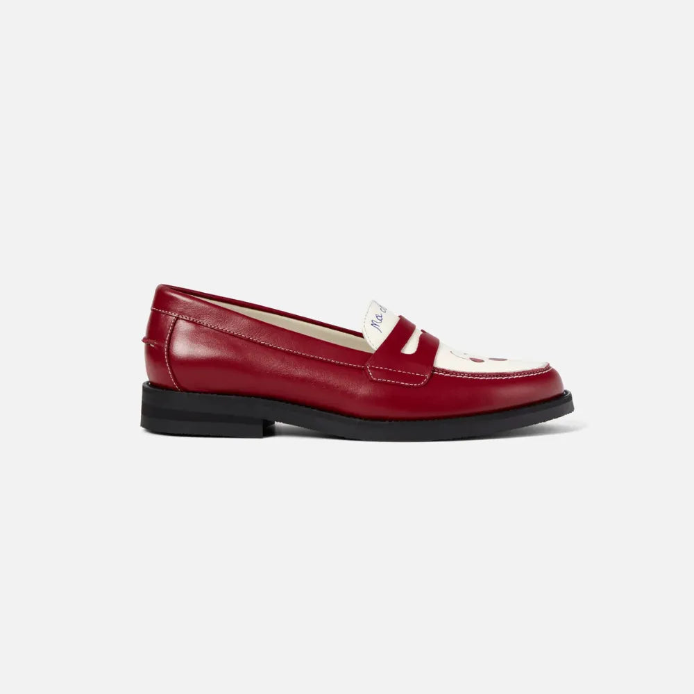 Side view of Duke + Dexter Wilde Cherry Red Penny Loafer