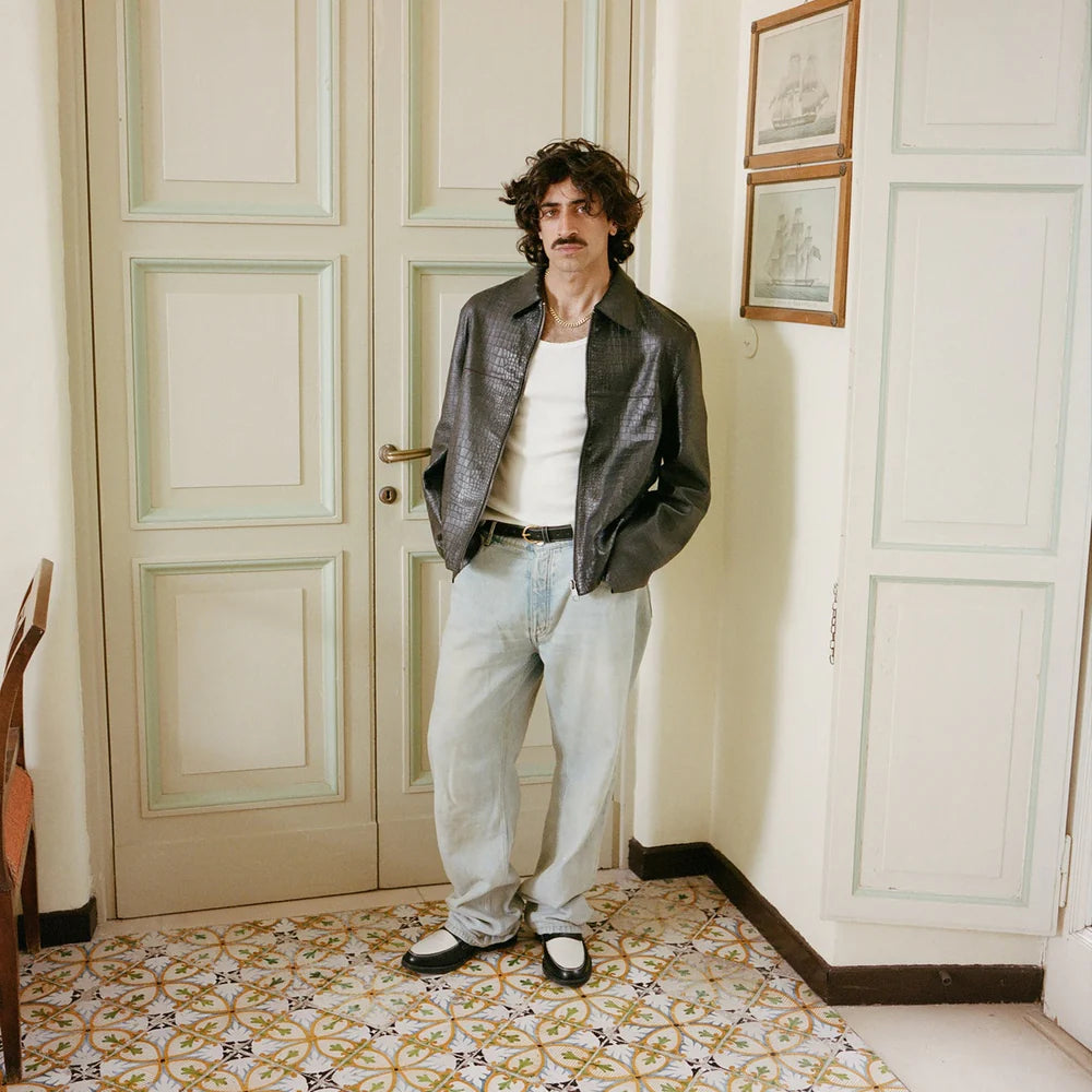 Model wearing Duke and Dexter Wilde Penny Loafer Black White