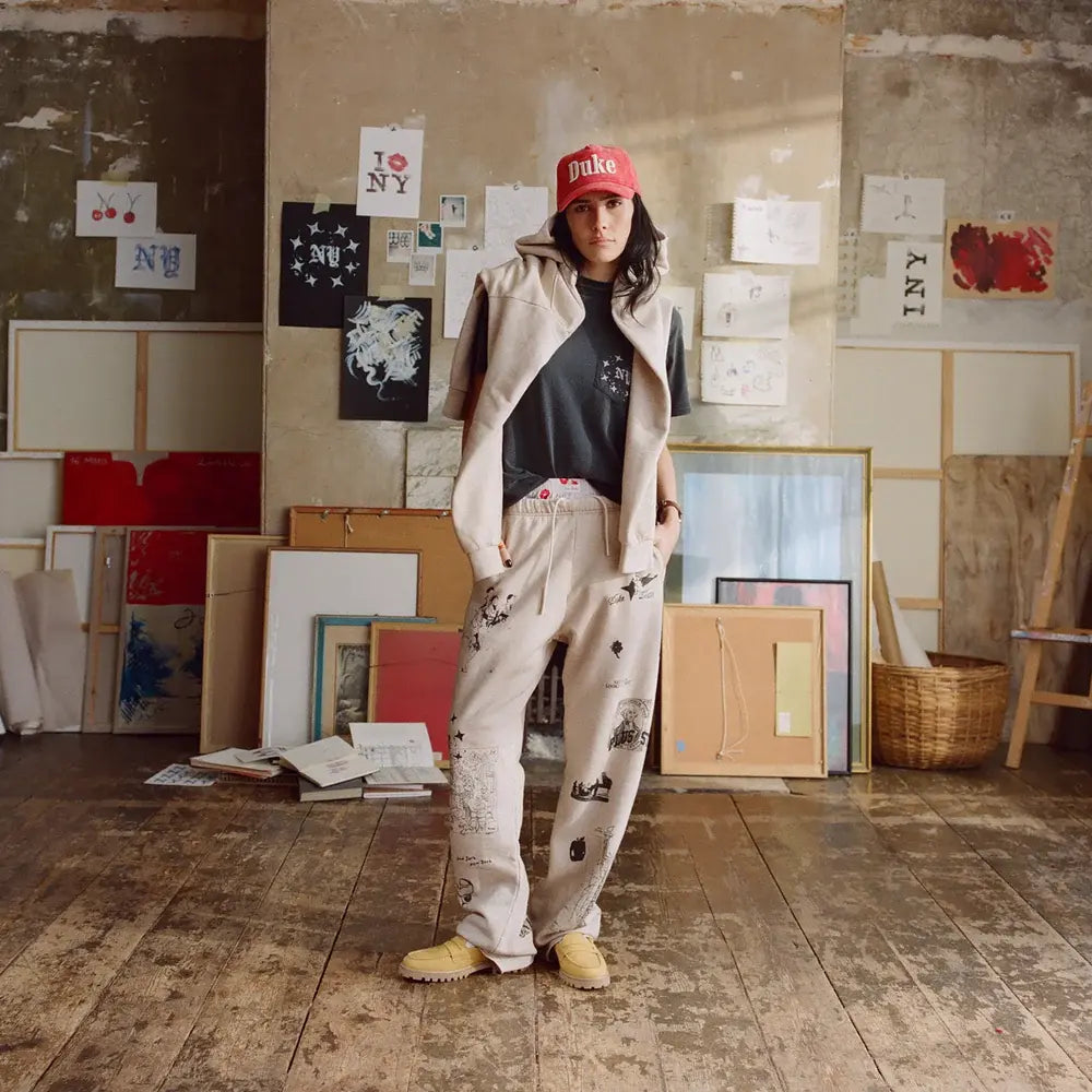 Model wearing Duke + Dexter Duke Red Corduroy Cap