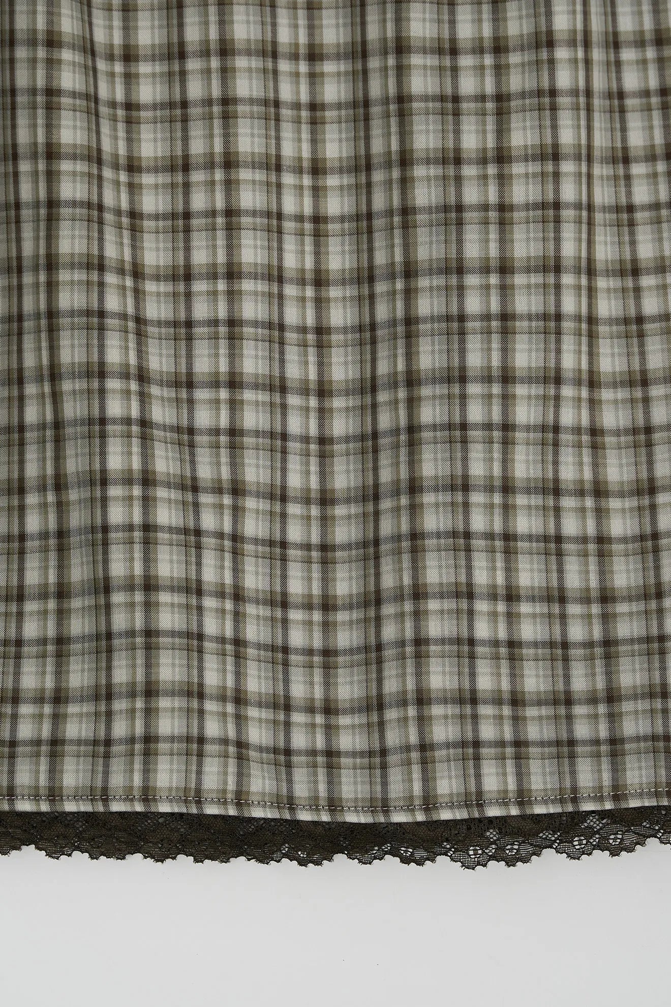 Lace hem detail of Embroidered Lace Check Skirt in Khaki
