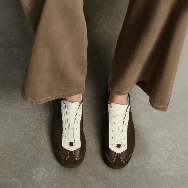 Model wearing Foot Industry GAT Ballet Brown Antique White sneakers top view