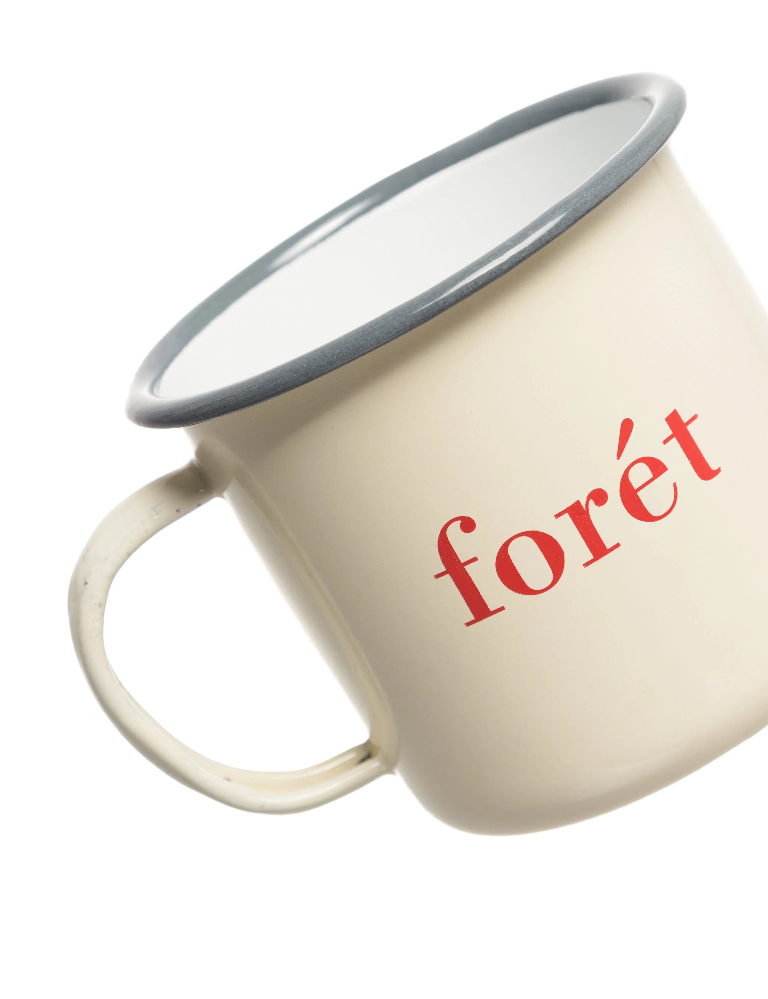 Angled view of Foret Bean Enamel Mug in Cloud