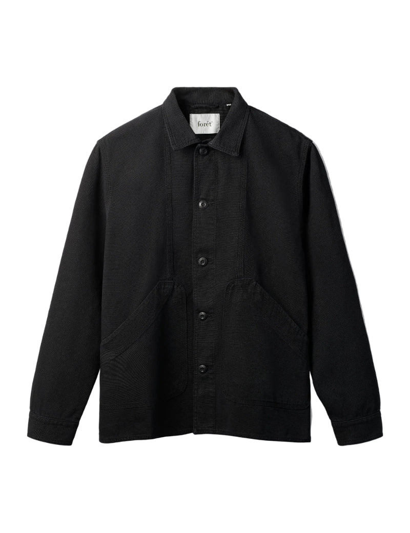 Foret Berry canvas overshirt black front view organic cotton workwear style regular fit
