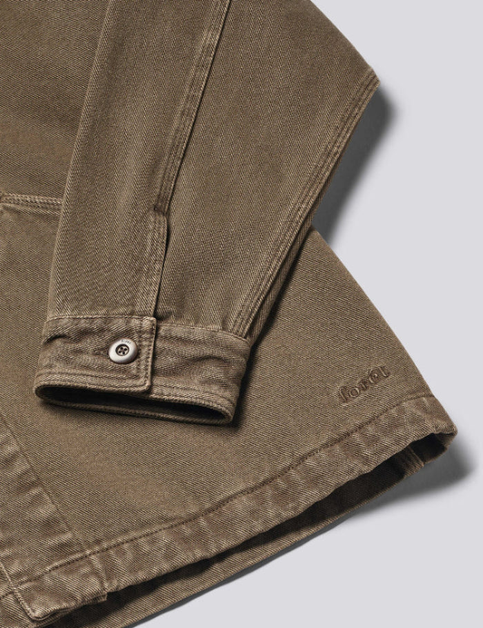 Sleeve detail of Foret Berry Denim Overshirt in Brown Denim