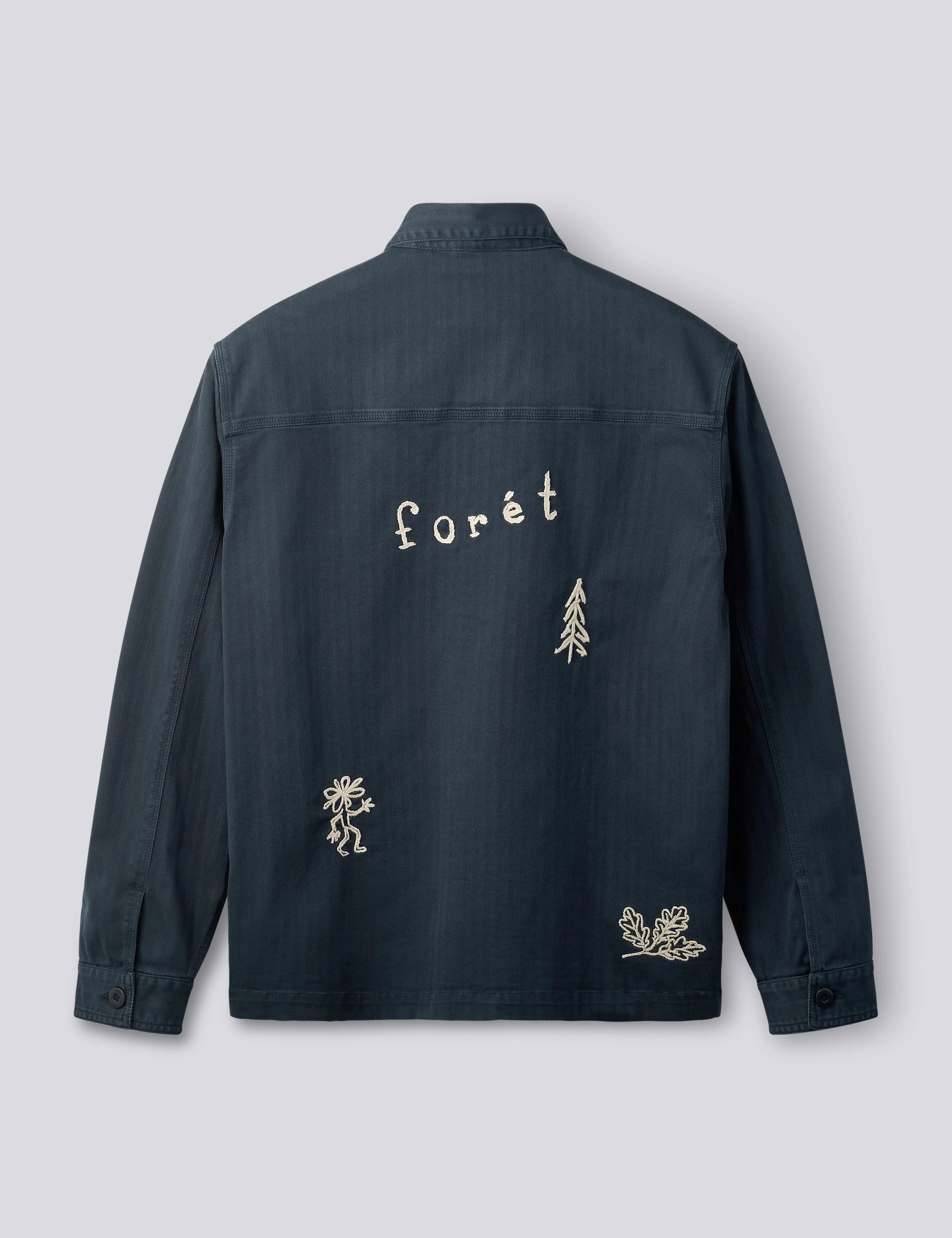 Back view of Foret Berry Herringbone Embroidery Overshirt in Navy