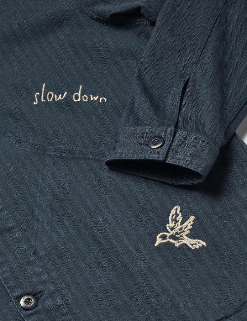 Embroidery detail of Foret Berry Herringbone Embroidery Overshirt in Navy