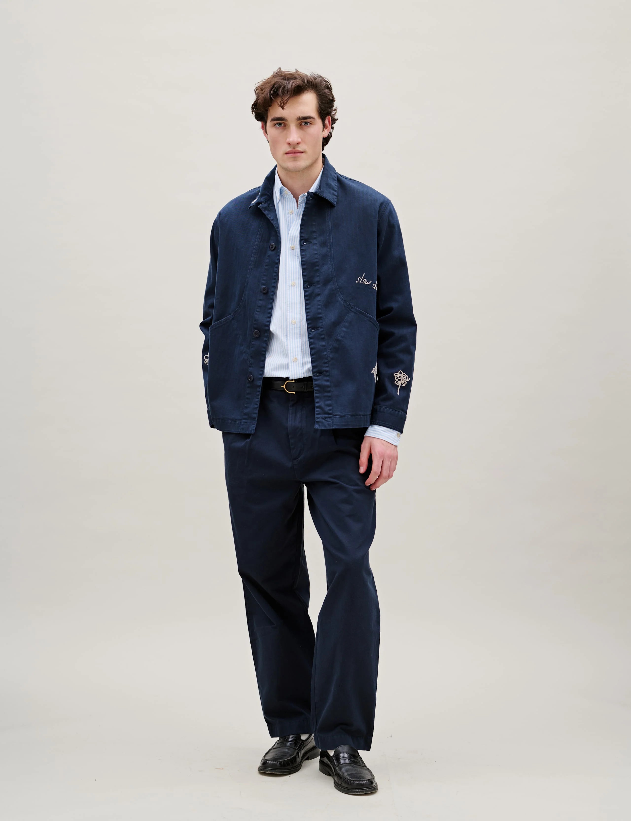 Foret Berry Herringbone Embroidery Overshirt in Navy worn