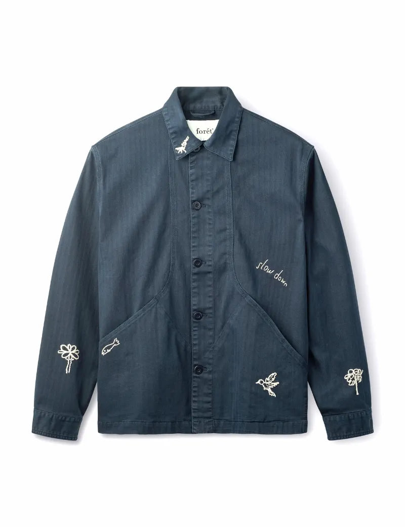Foret Berry Herringbone Embroidery Overshirt in Navy