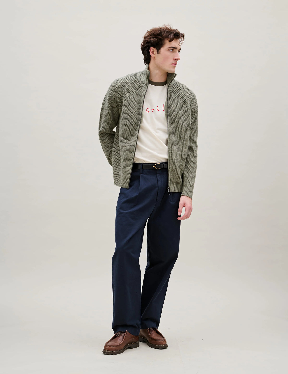 Foret Crest T-Shirt in Cloud/Red/Wood worn