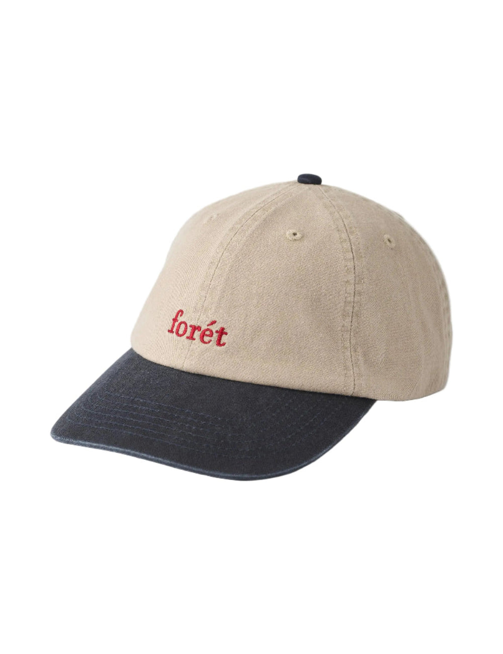 Angled front view of Foret Hawk washed 2-tone corduroy cap in khaki and navy