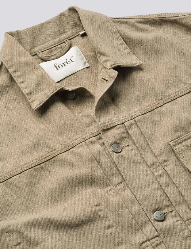 Foret Hazy twill jacket light taupe collar detail organic cotton twill