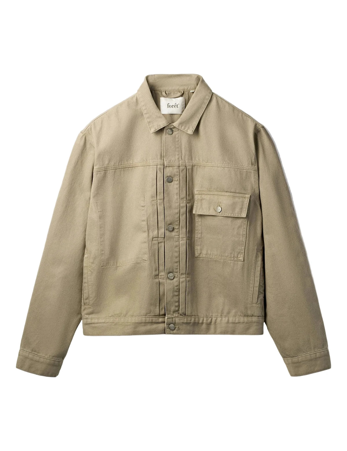 Foret Hazy twill jacket light taupe front view organic cotton workwear jacket