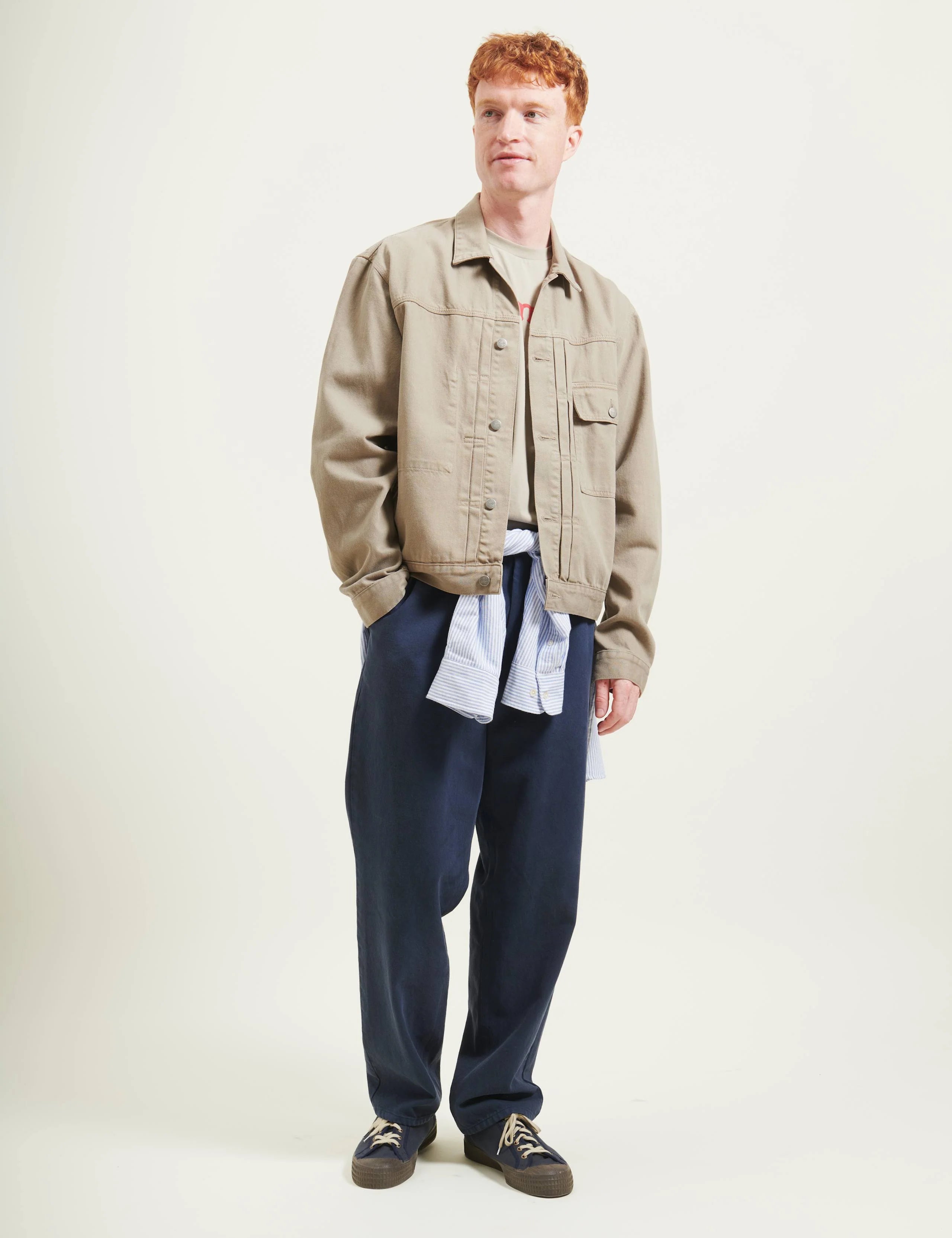 Foret Hazy twill jacket light taupe on body casual outfit workwear styling