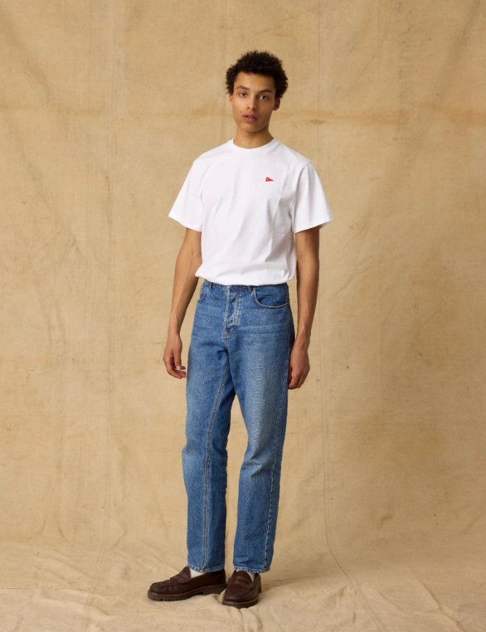Foret Heath regular fit jeans washed mid blue styled with everyday outfit