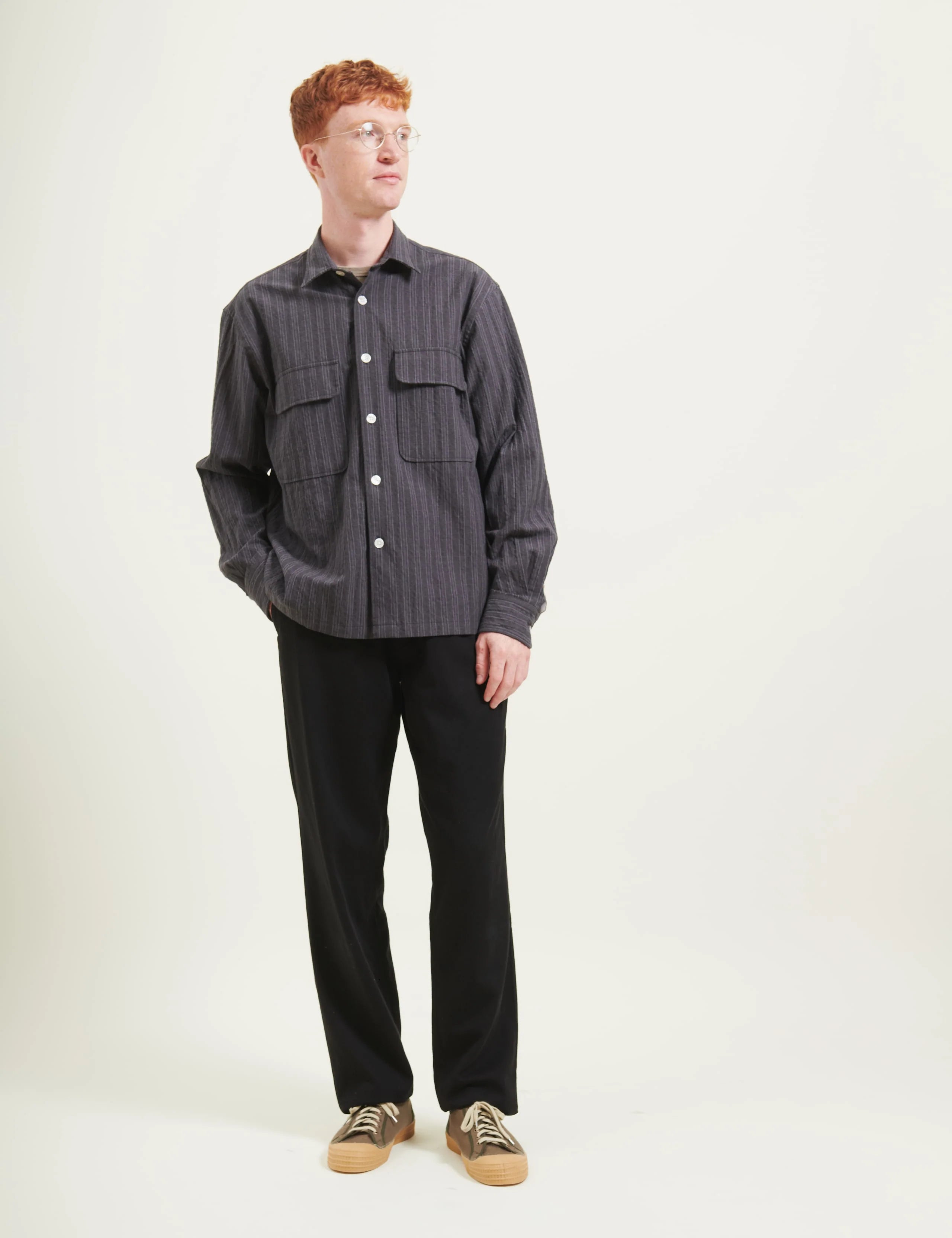 Model wearing Lunar textured overshirt black stripe by Foret relaxed fit styling