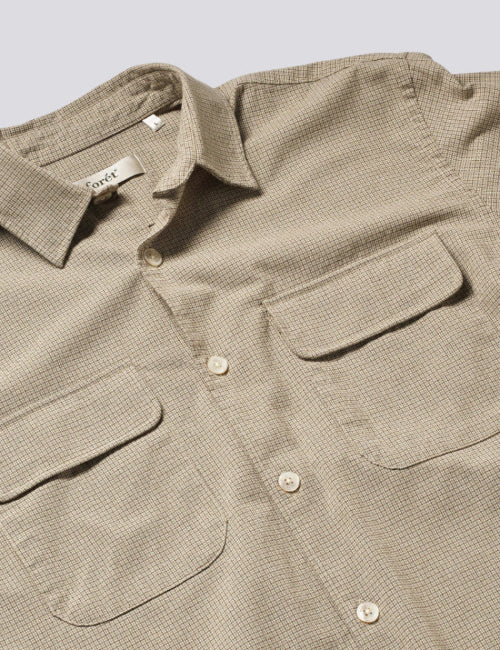 Detail of Foret Lunar Relaxed Fit Textured Overshirt in Khaki Green Check